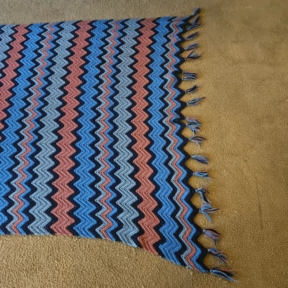 Vintage Handmade Chevron Crochet Blanket Blue Pink 1970s Afghan 95
